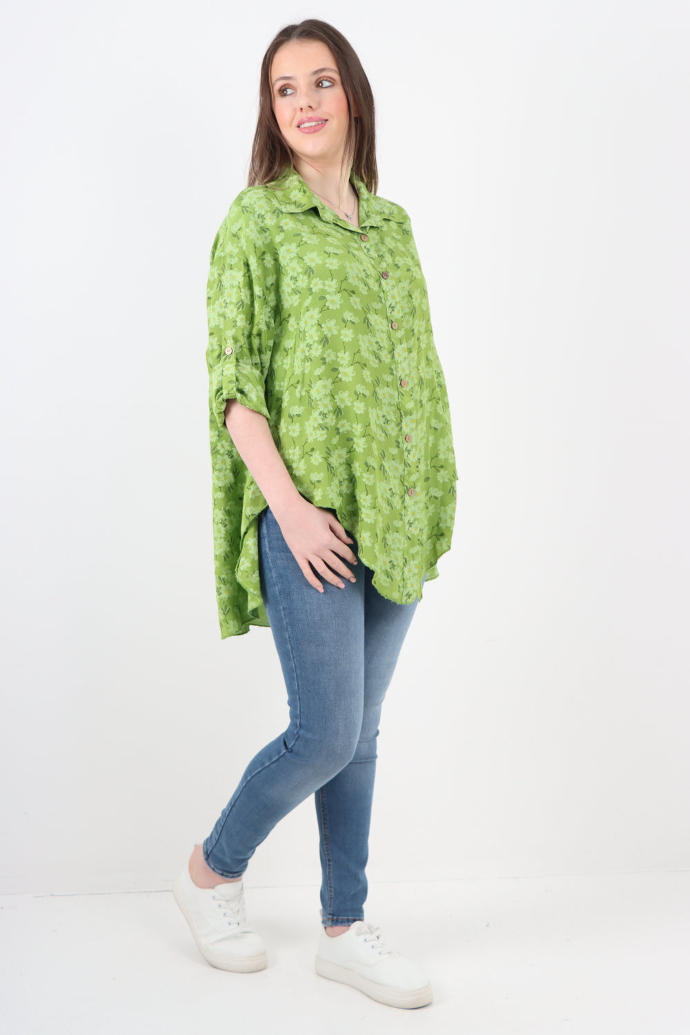 Italian Floral Print Dip Hem Shirt Top