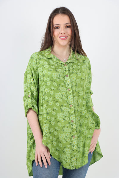 Italian Floral Print Dip Hem Shirt Top