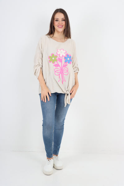 Italian Ditsy Floral Print Knot Side Turn Up Sleeve Top