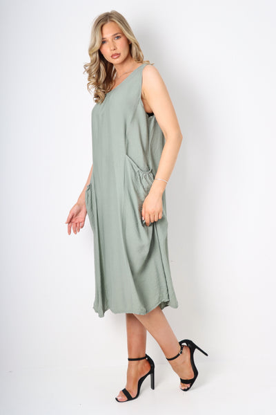 Italian Pockets Sleeveless Vest Midi Dress