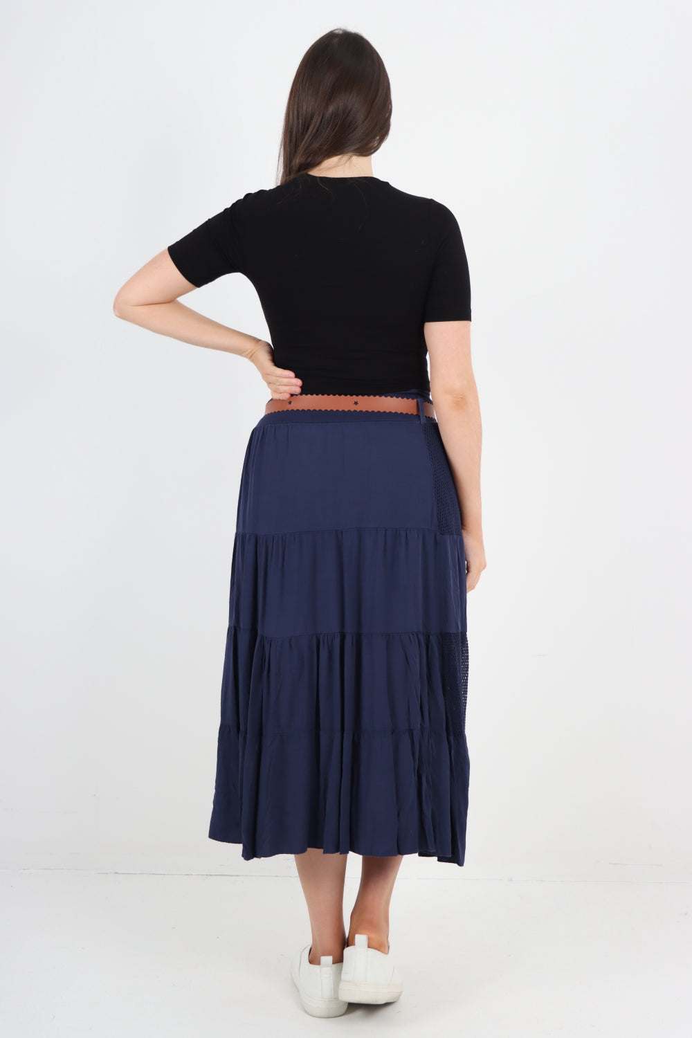 Italian Waist Belted Midi Length Tiered Skirt