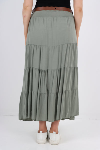 Italian Waist Belted Midi Length Tiered Skirt