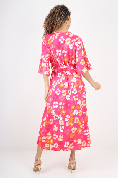 Italian Elasticated Waist Floral Print Wrap Over V Neck Maxi Dress