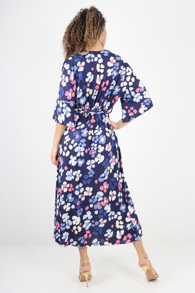 Italian Elasticated Waist Floral Print Wrap Over V Neck Maxi Dress