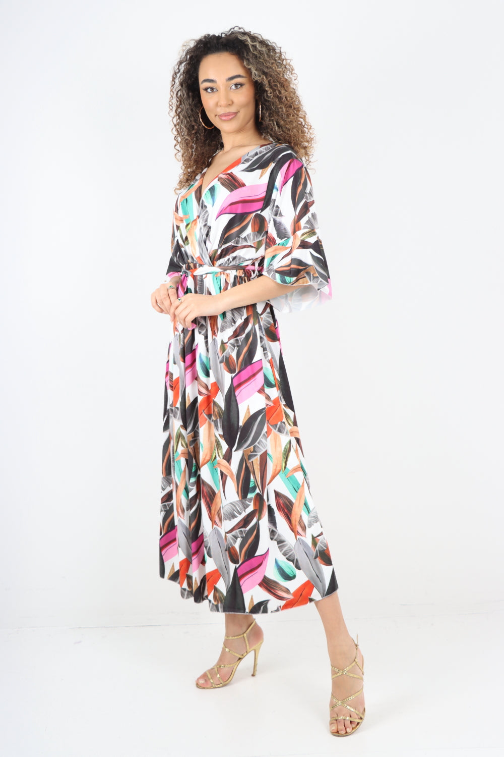 Italian Printed Elasticated Waist Tie Multi Leaf Wrap over V Neck Maxi Dress