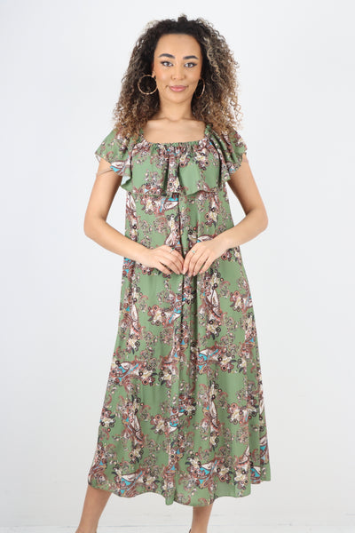 Italian Bardot Paisley Print Maxi Dress