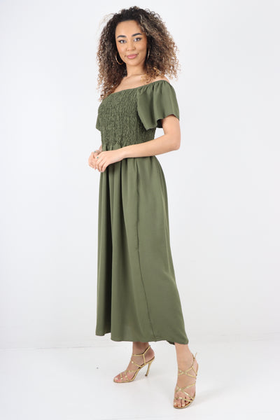 Italian Shirred Front Elasticated Wide Neck Maxi dress