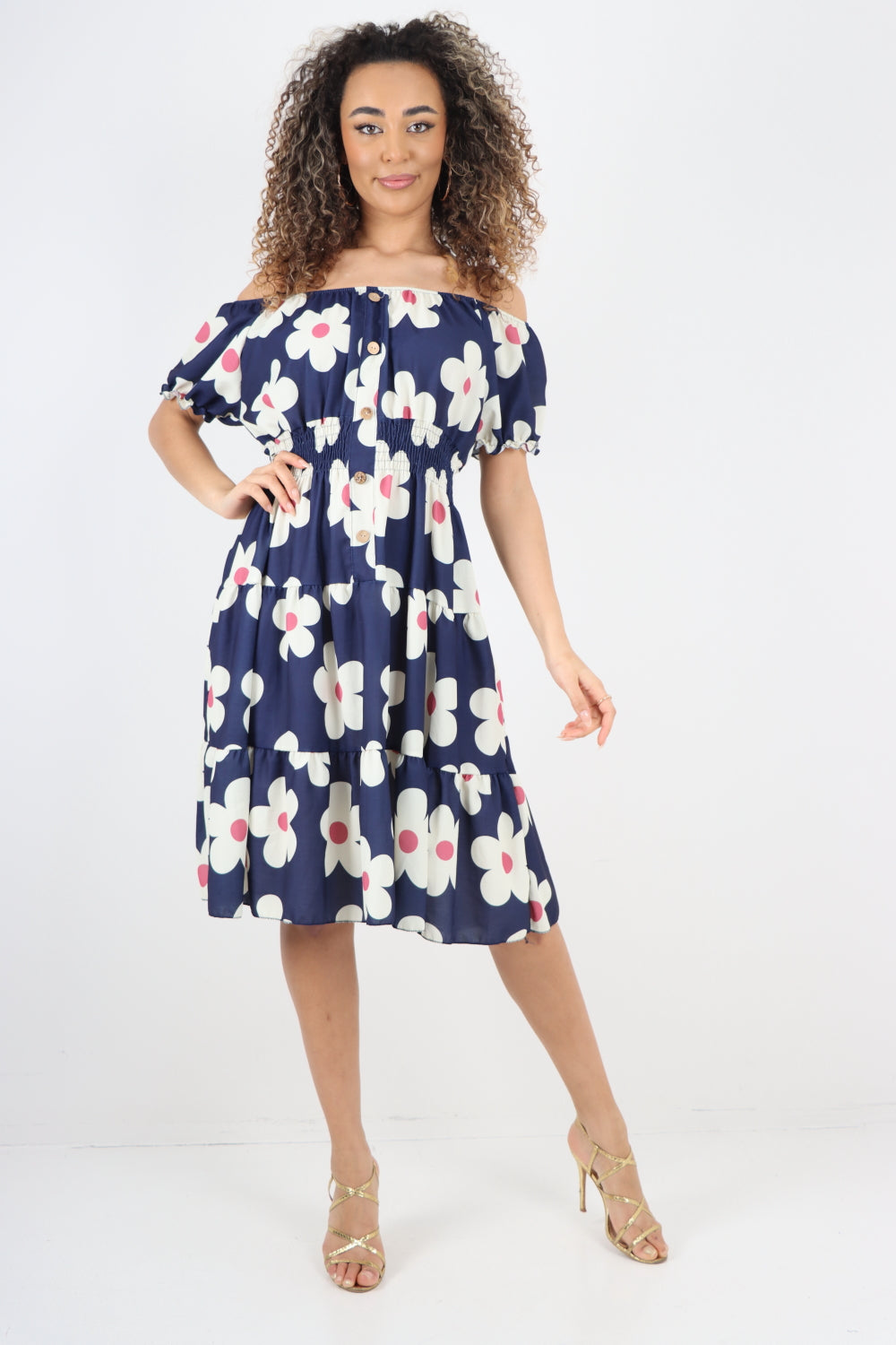Italian Ditsy Floral Printed Button Detailed  Puff Sleeve Midi Dress
