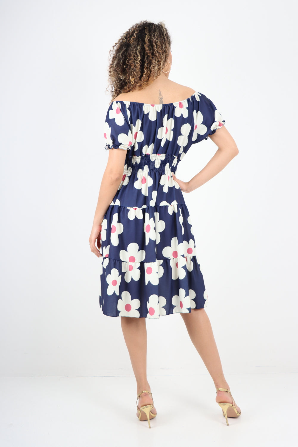Italian Ditsy Floral Printed Button Detailed  Puff Sleeve Midi Dress