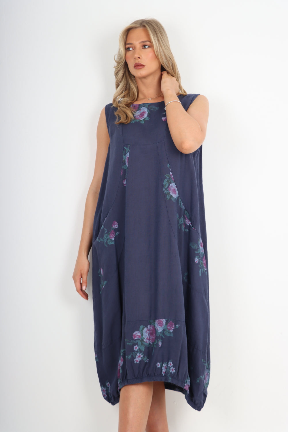 Italian Linen Lagenlook Floral Print Sleeveless Vest Midi Dress