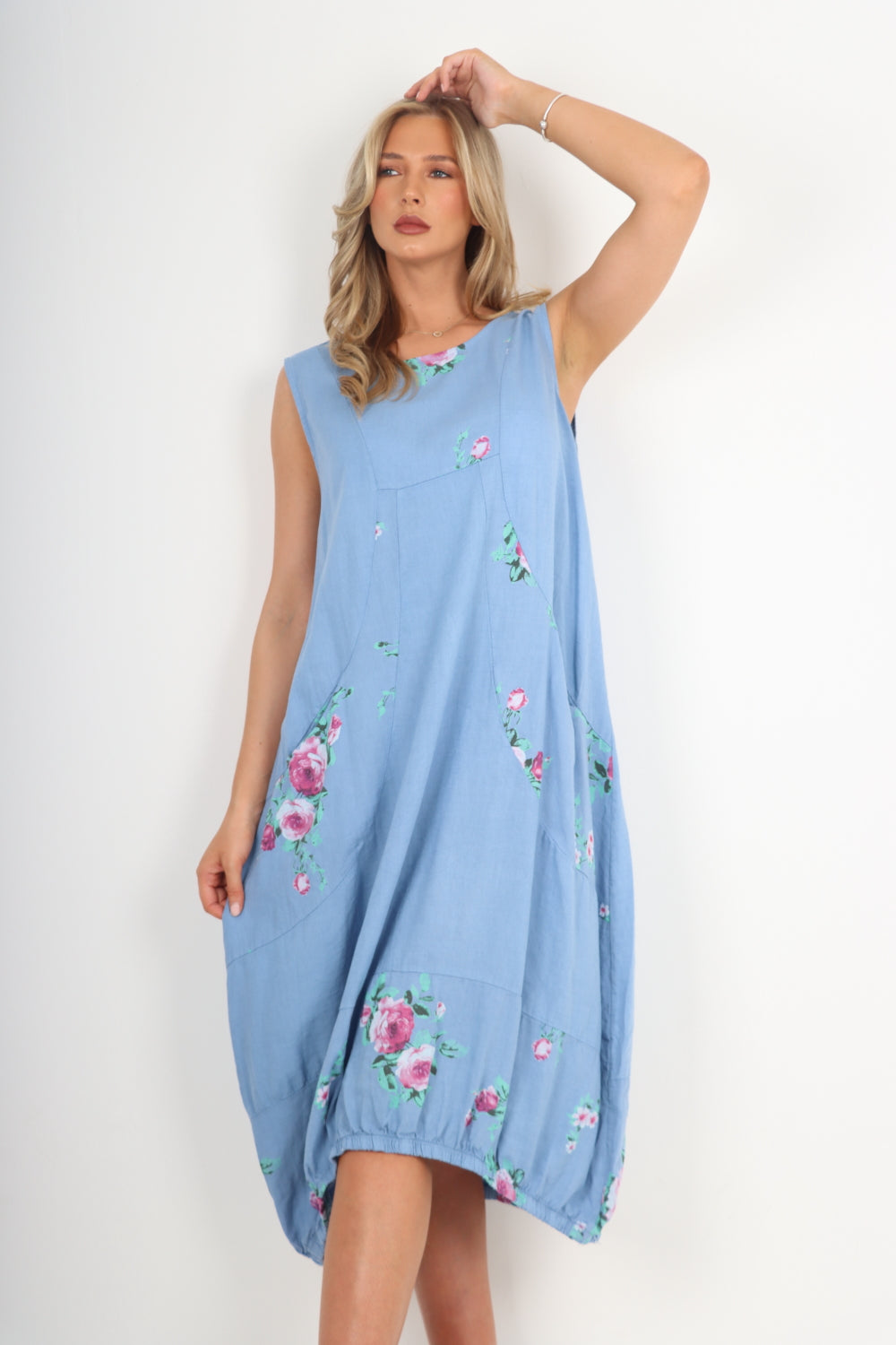 Italian Linen Lagenlook Floral Print Sleeveless Vest Midi Dress