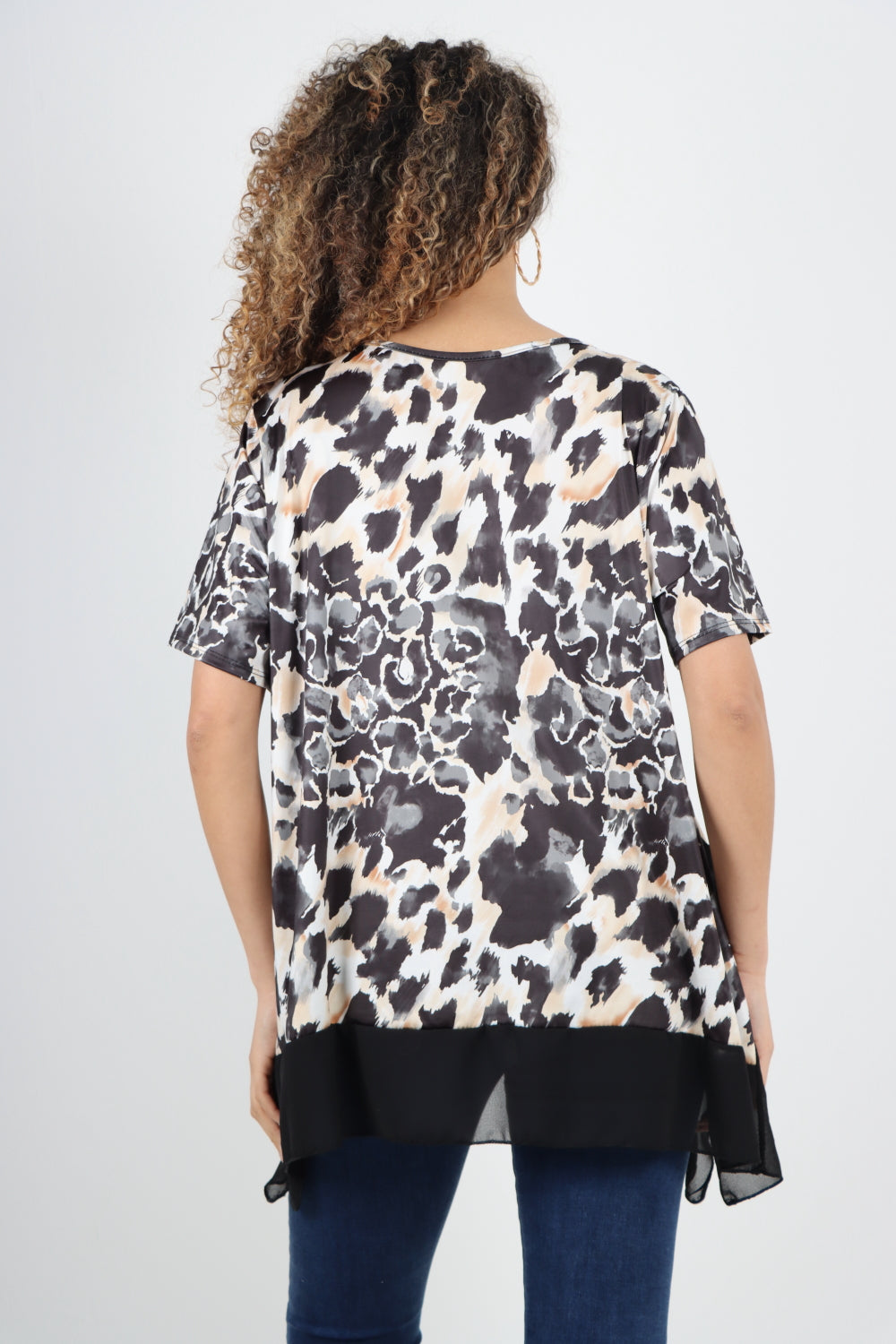 Italian Leopard Print Short Sleeve Hanky Hem Tunic Top