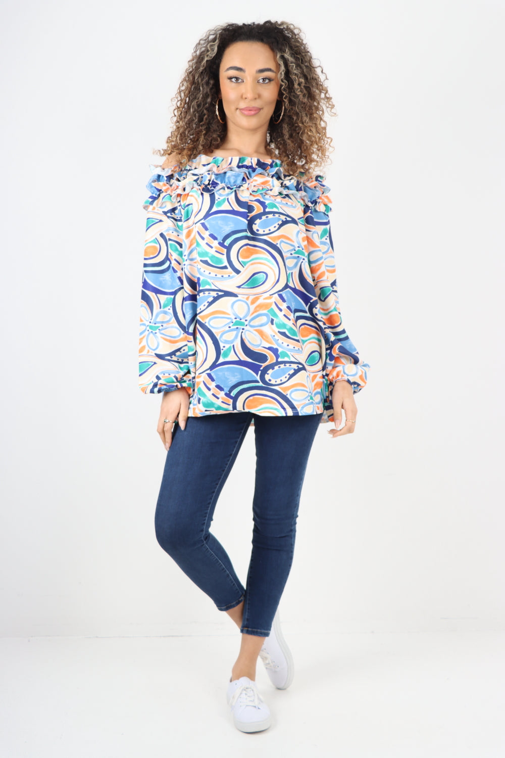 Italian Off The Shoulder Ruffled Neck Printed Top