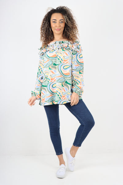 Italian Off The Shoulder Ruffled Neck Printed Top