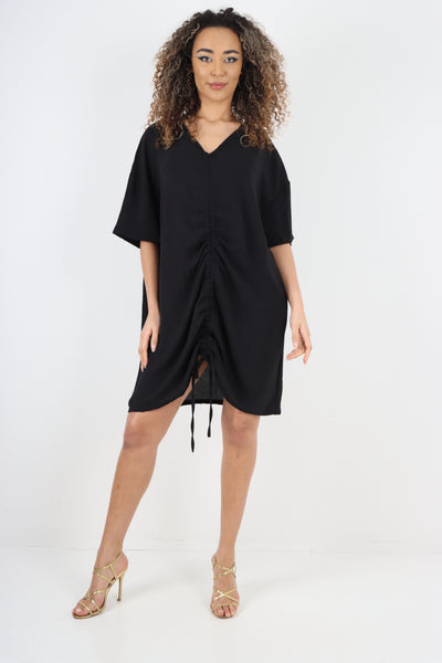 Italian Ruched String V Neck Short Sleeve Tunic Top