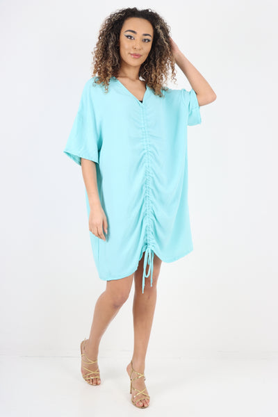Italian Ruched String V Neck Short Sleeve Tunic Top