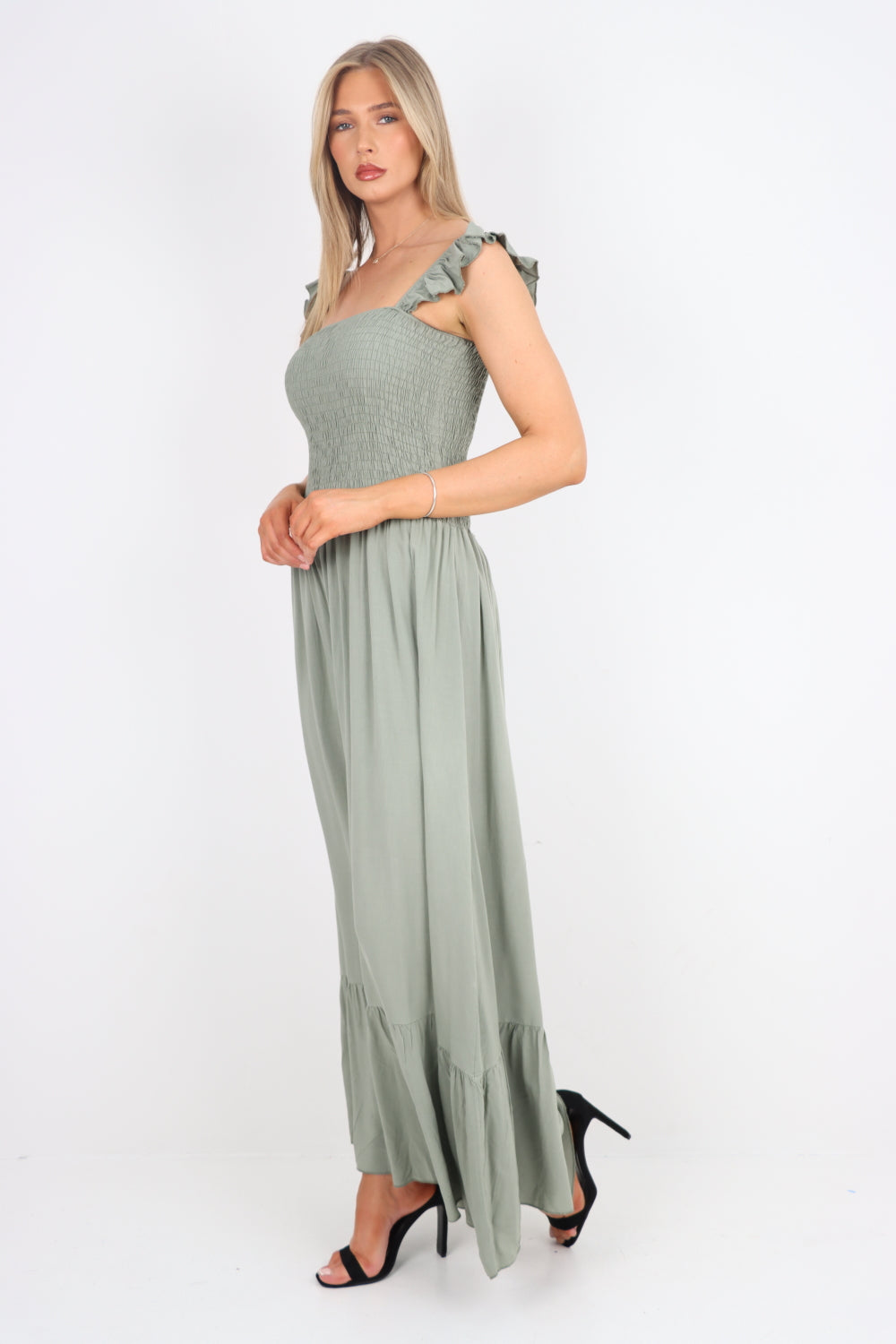 Italian Frill Strap Shirred Elasticated Tiered Maxi Dress