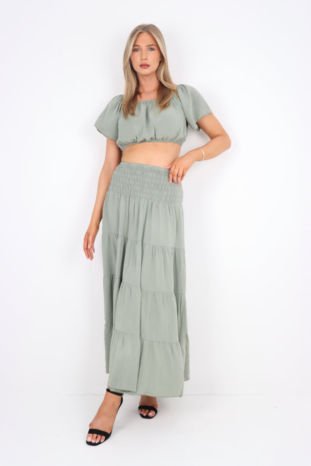 Italian Bardot Crop Top and Maxi Skirt Set