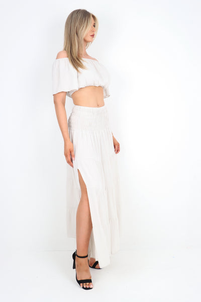 Italian Bardot Crop Top and Maxi Skirt Set