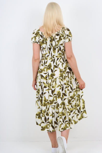 Italian Bardot Button Detailed Shirred Elasticated Waist Leaf Printed Midi Dress