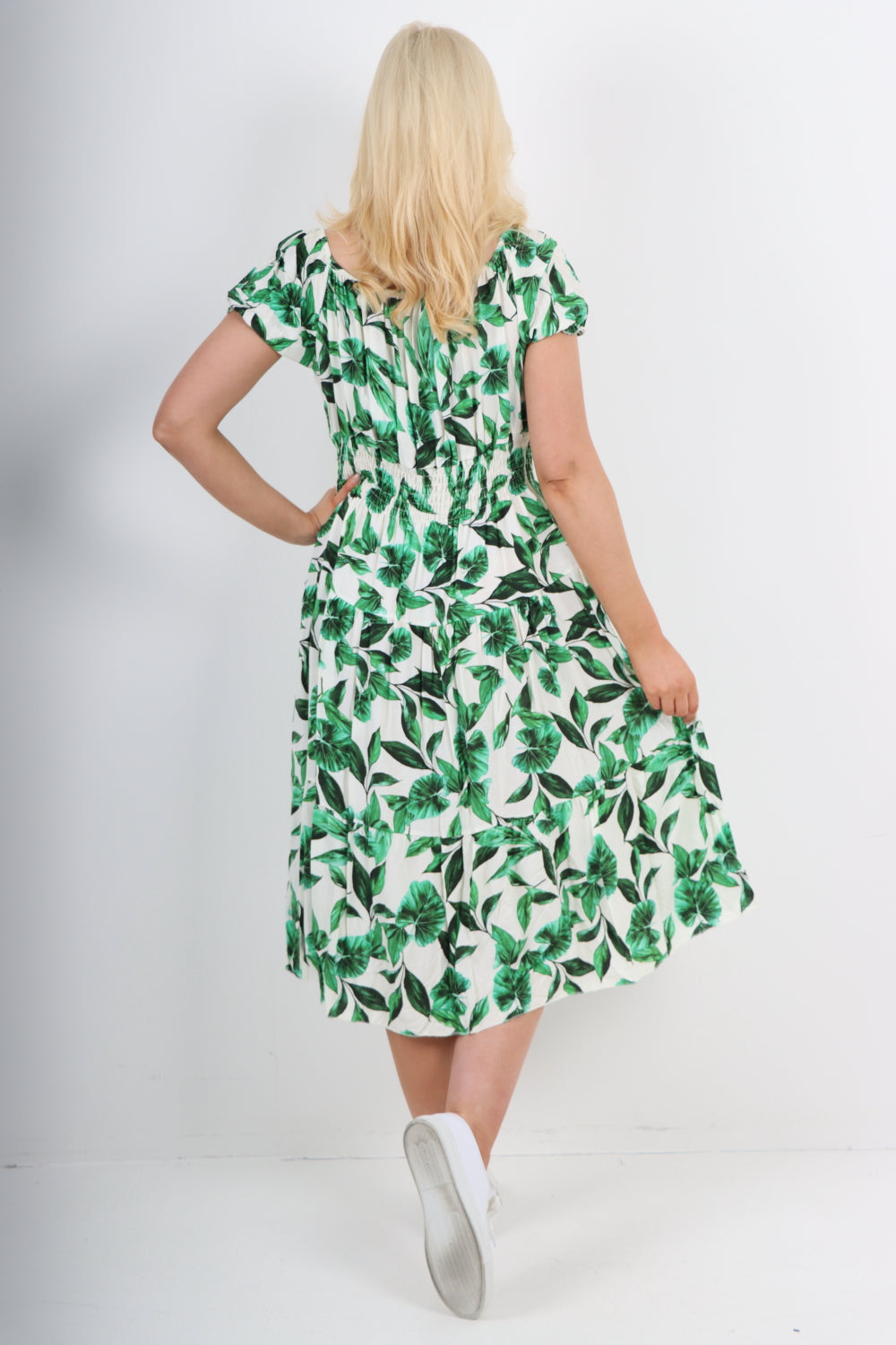 Italian Bardot Button Detailed Shirred Elasticated Waist Leaf Printed Midi Dress