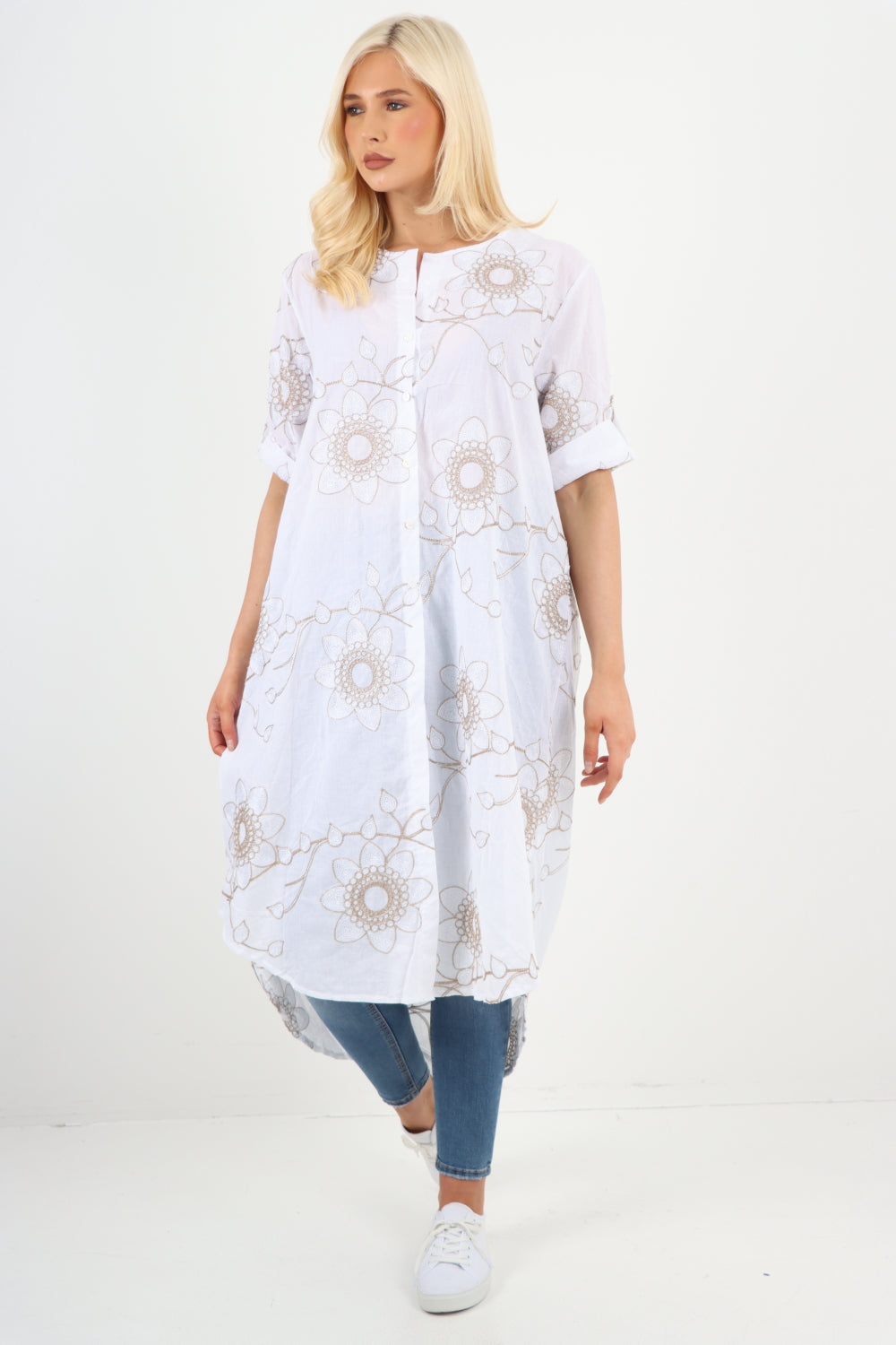 Italian Floral Patterned Oversized Open Front Button Dip Hem Tunic Top