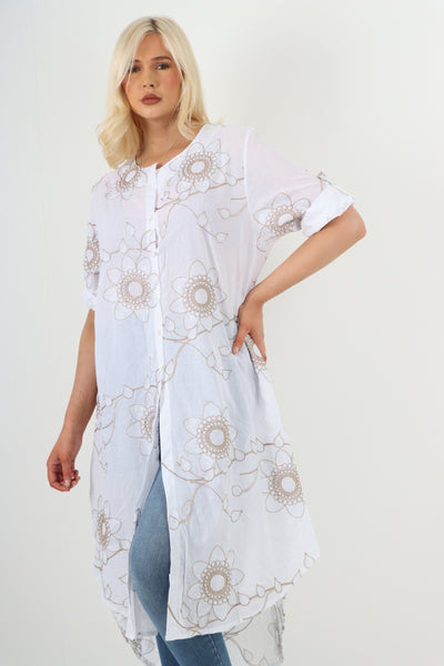 Italian Floral Patterned Oversized Open Front Button Dip Hem Tunic Top
