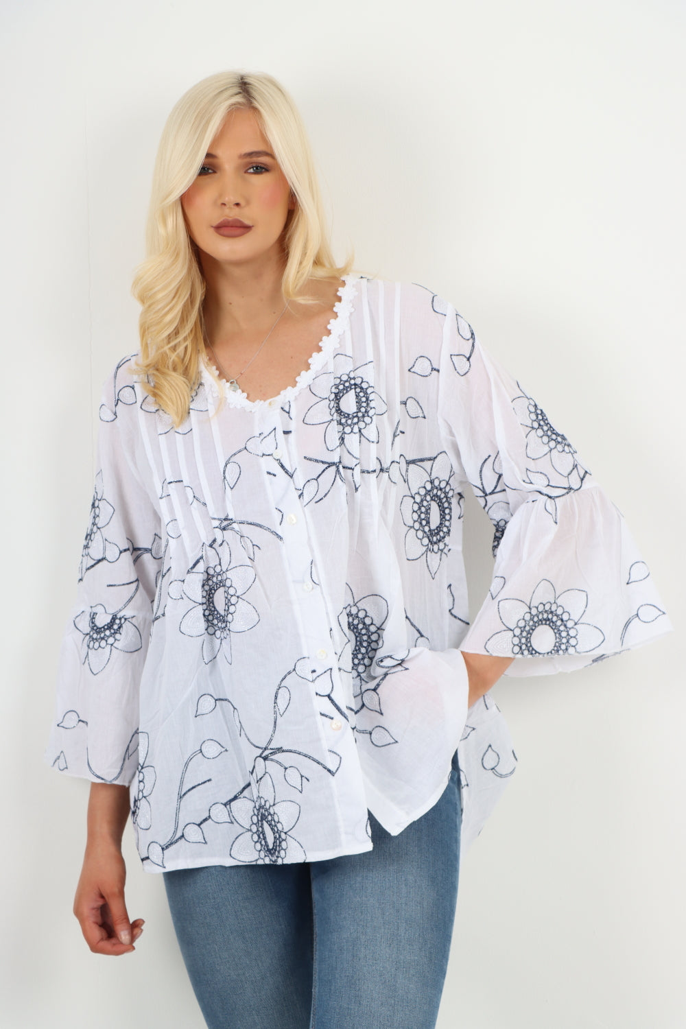 Italian Floral Neck Detail Pleated Crochet Embroidery Dip Hem Tunic Top