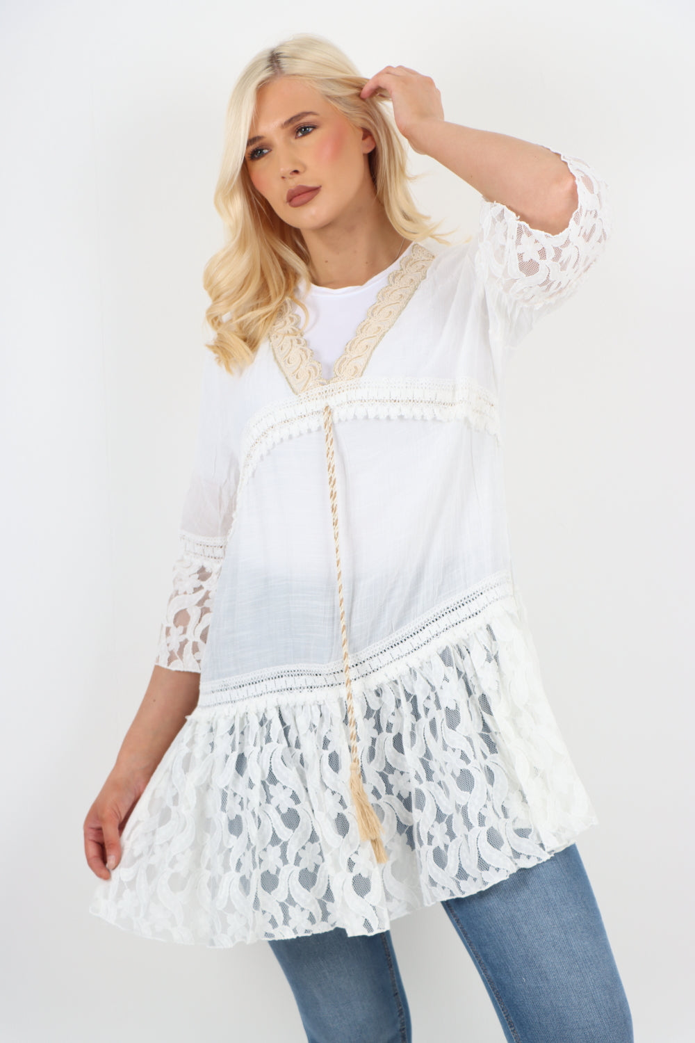 Italian Tie Front  Detail Crochet Lace Bottom Embroidered Tunic Top