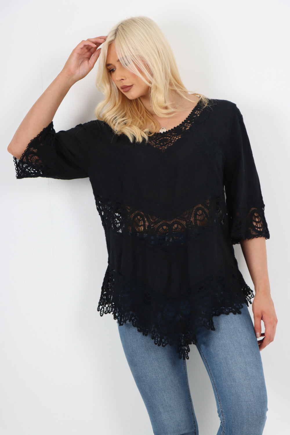 Italian Crochet Lace Embroidered Asymmetrical Cotton Top