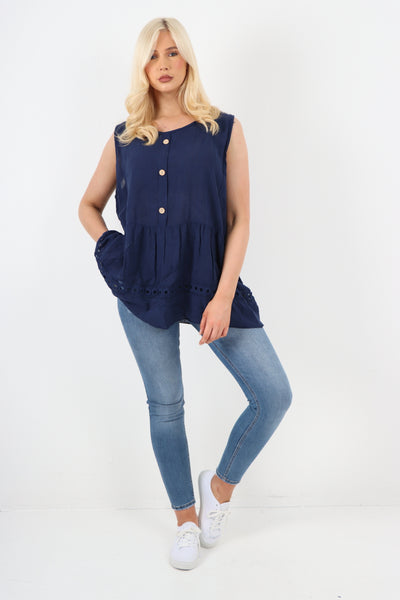 Italian Crochet Bottom Button Detail Cotton Vest Top