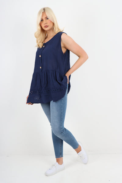 Italian Crochet Bottom Button Detail Cotton Vest Top