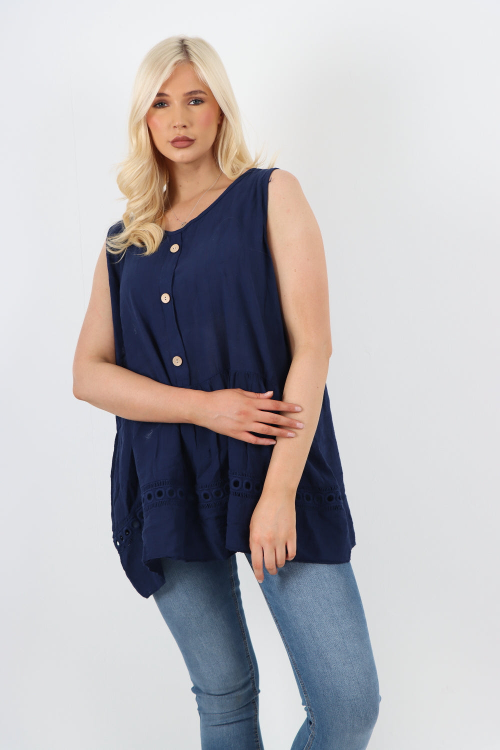 Italian Crochet Bottom Button Detail Cotton Vest Top