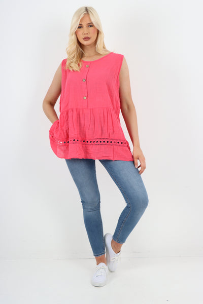 Italian Crochet Bottom Button Detail Cotton Vest Top