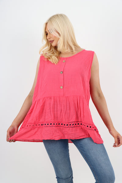 Italian Crochet Bottom Button Detail Cotton Vest Top