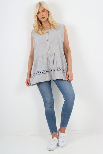 Italian Crochet Bottom Button Detail Cotton Vest Top