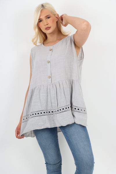 Italian Crochet Bottom Button Detail Cotton Vest Top