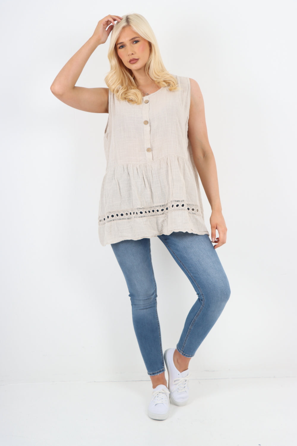 Italian Crochet Bottom Button Detail Cotton Vest Top