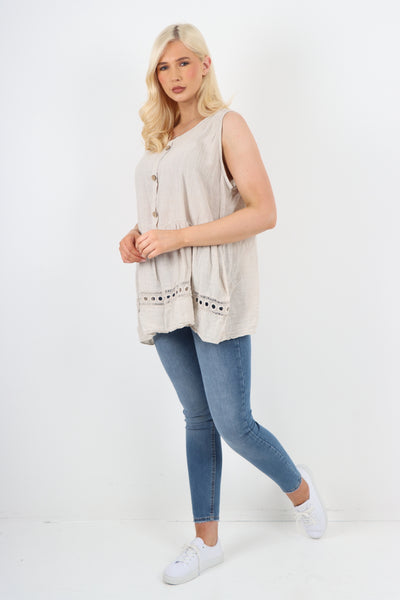 Italian Crochet Bottom Button Detail Cotton Vest Top