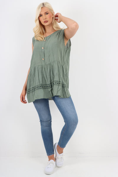 Italian Crochet Bottom Button Detail Cotton Vest Top