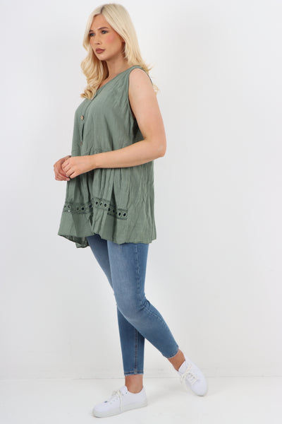Italian Crochet Bottom Button Detail Cotton Vest Top