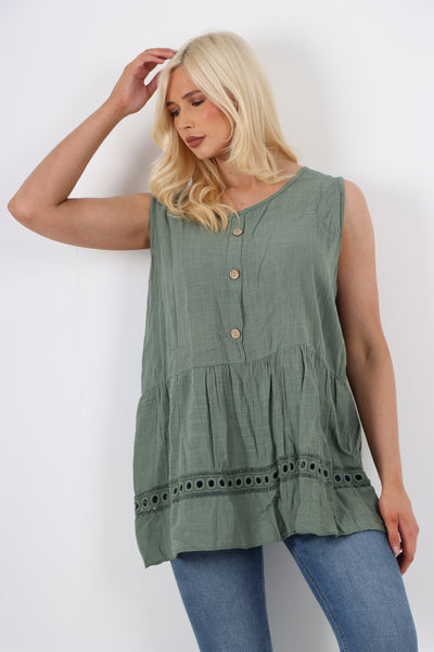 Italian Crochet Bottom Button Detail Cotton Vest Top