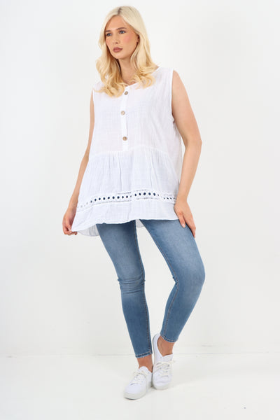 Italian Crochet Bottom Button Detail Cotton Vest Top