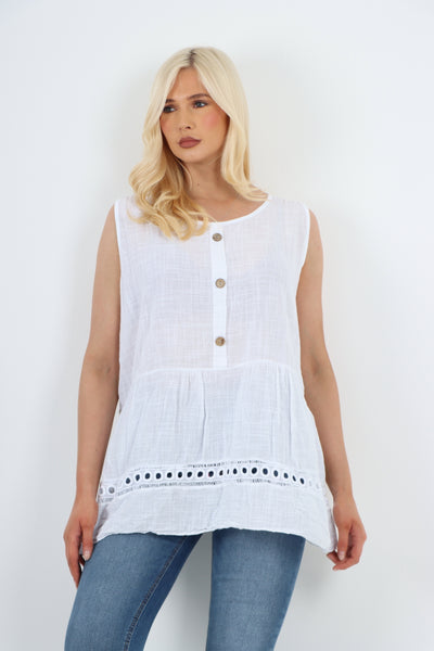 Italian Crochet Bottom Button Detail Cotton Vest Top