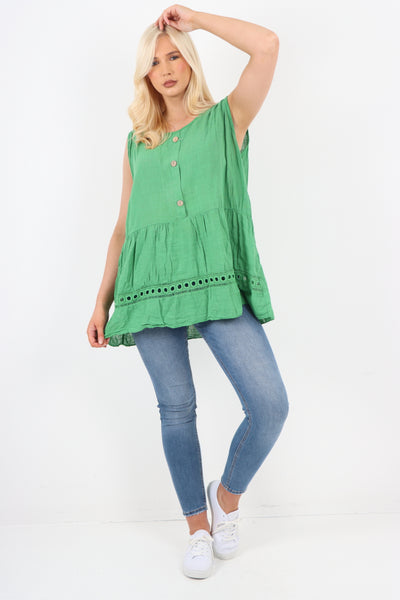 Italian Crochet Bottom Button Detail Cotton Vest Top