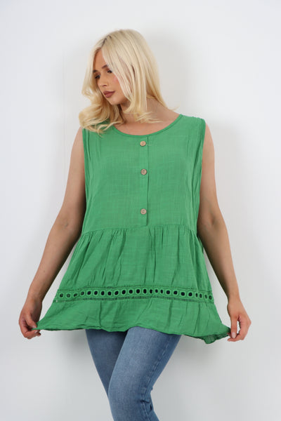 Italian Crochet Bottom Button Detail Cotton Vest Top