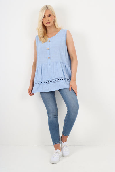 Italian Crochet Bottom Button Detail Cotton Vest Top