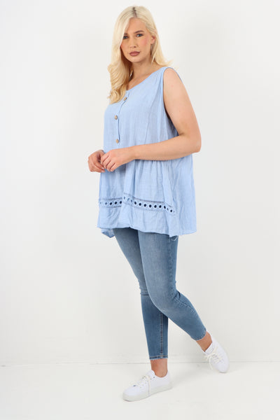 Italian Crochet Bottom Button Detail Cotton Vest Top