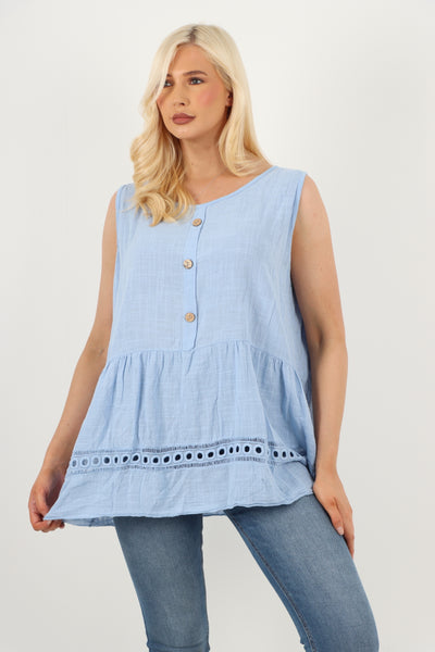 Italian Crochet Bottom Button Detail Cotton Vest Top