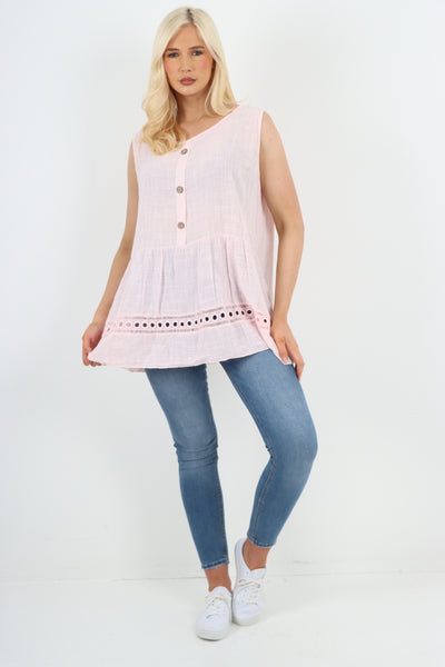 Italian Crochet Bottom Button Detail Cotton Vest Top